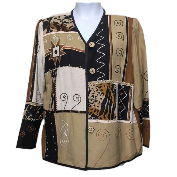VTG Indigo Moon Patchwork Jacket Womens Size 1X Animal Print Tapestry Brown Tan - Picture 2 of 12